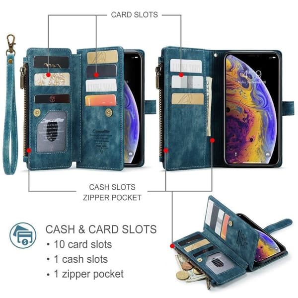 CASEME Konstläder Plånboksfodral för iPhone XS Max med rem - Blå