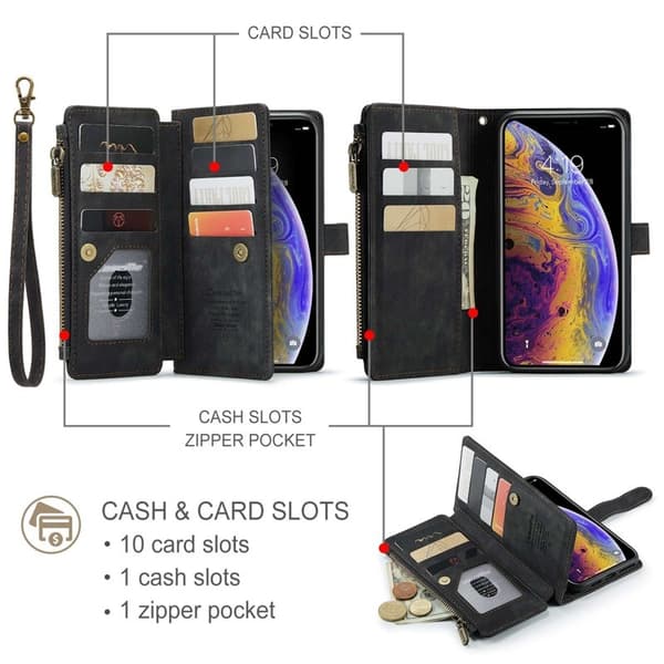 CASEME Konstläder Plånboksfodral för iPhone XS Max med Rem - Svart