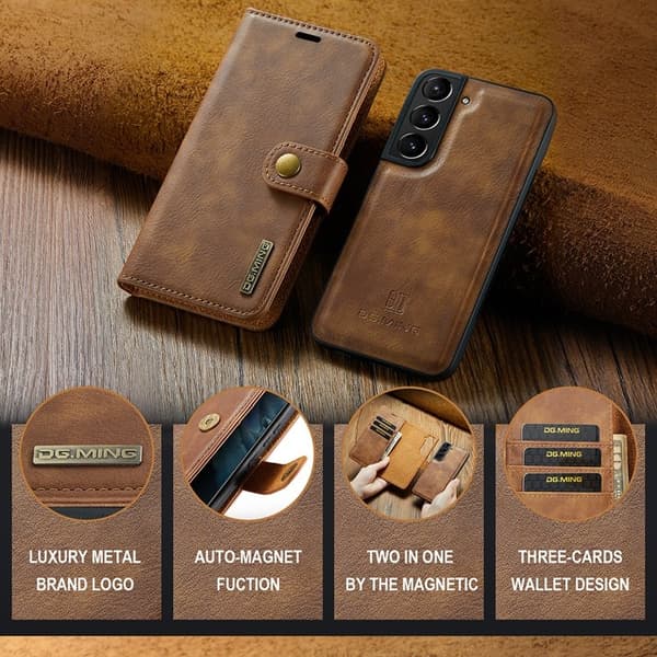 DG.MING Galaxy S22 5G Plånboksfodral 2-i-1 Äkta läder Skydd Brun