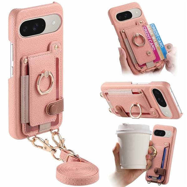 Mobilskal till Google Pixel 9/9 Pro med Korthållare Ring Kickstand - Rosa Rosa