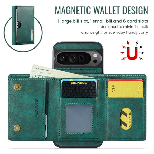DG.MING M6 Series Konstläder Plånboksfodral för Google Pixel 9 Pro - Grön