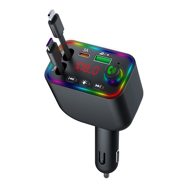 Billaddare med Infällbart USB-C/Lightning Kabel FM Transmitter Svart