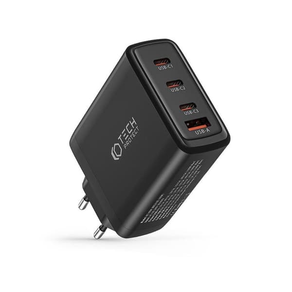 Tech-Protect 4-porttinen seinälaturi 3x USB-C/1x USB-A PD100W - Musta Svart
