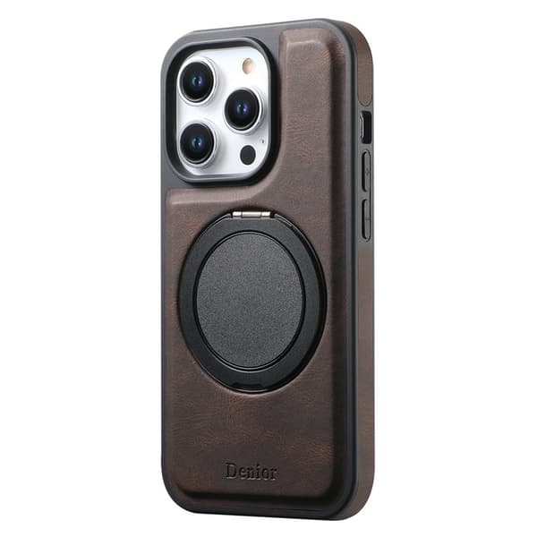 DENIOR Mobilskal till iPhone 15 Pro Magnetiskt Rotationsstativ Läder PC TPU Brun