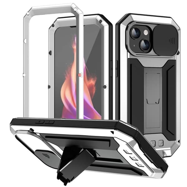R-JUST Mobilskal till iPhone 15 med Kickstand i Silikon och Metall - Silver