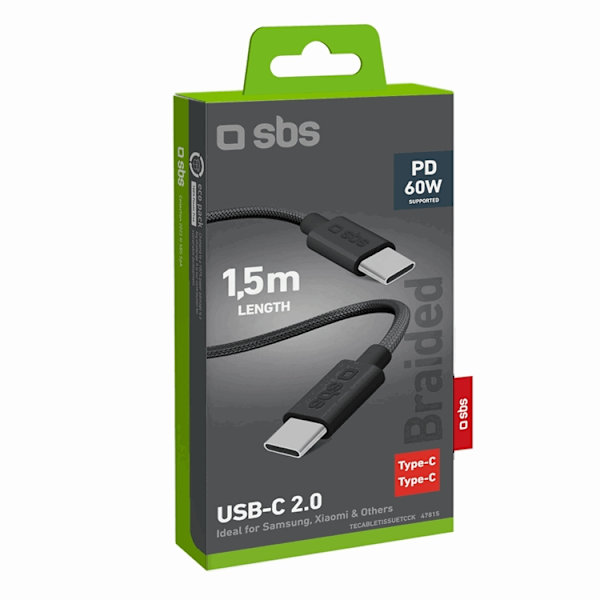 SBS USB-C til USB-C Kabel 1.5m 60W Flettet - Sort