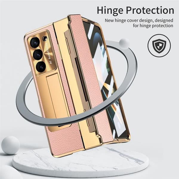 Mobilskal för Galaxy Z Fold 6 5G Läder+PC Kickstand - Guld/Rosa