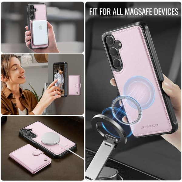 JEEHOOD Mobilskal för Samsung Galaxy S26 Plus Magnetiskt Konstläder RFID - Rosa