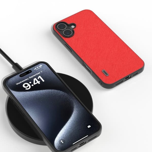ABEEL Mobilskal till iPhone 16 Plus Äkta Läder Hybrid Röd