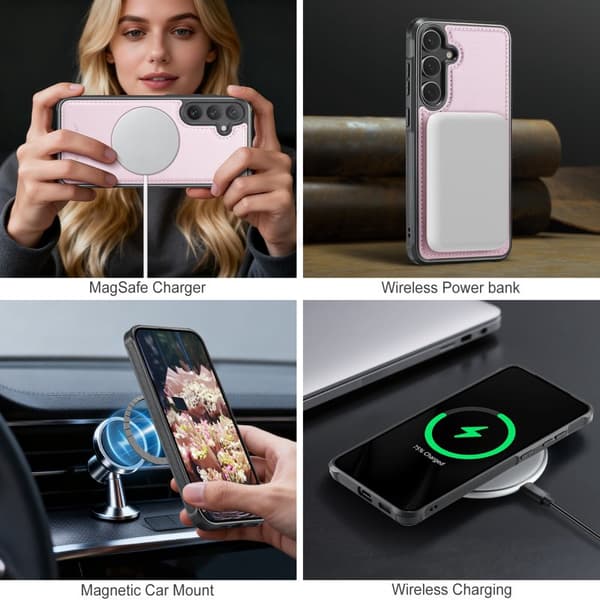 JEEHOOD Mobilskal för Samsung Galaxy S26 Magnetiskt Konstläder - Rosa