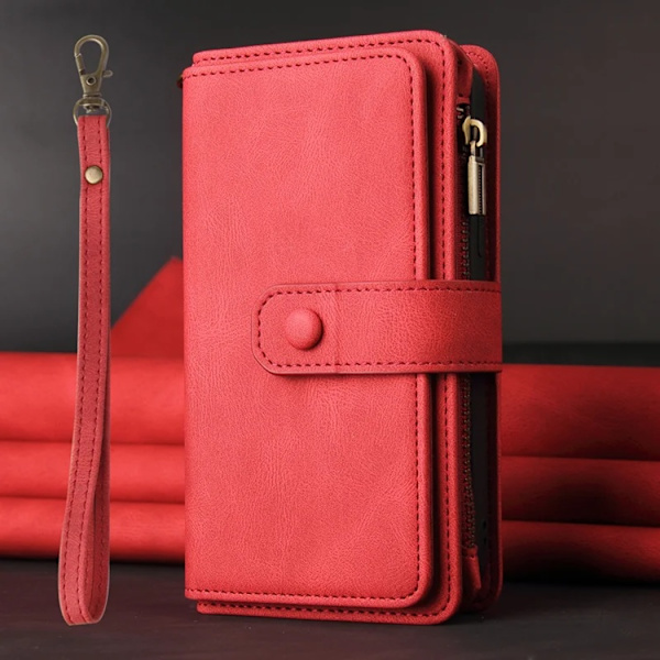 iPhone 17 Pro Konstläder Plånboksfodral Zipper Rem Röd