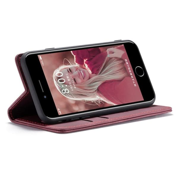 CASEME 013 Mobilskal KonstLäder med Plånboksfodral för iPhone 8/7/SE - Vinröd