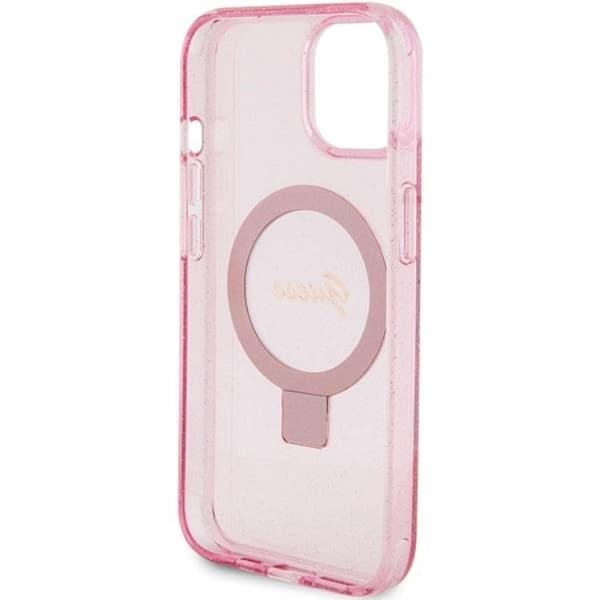Guess Mobilskal till iPhone 15/14 Plus Magsafe Ringställ Script Glitter - Rosa Rosa