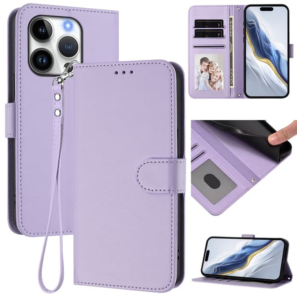 iPhone 15 Pro Max Plånboksfodral Läder med Handledsrem - Ljuslila Lila