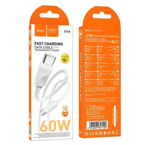Hoco USB-C - USB-C 60W 3A Kabel 1m X114 - Hvid Vit