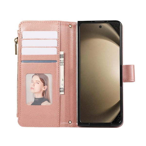 Galaxy Z Fold 7 Plånboksfodral Multi Zipper Läder - Roséguld Roséguld