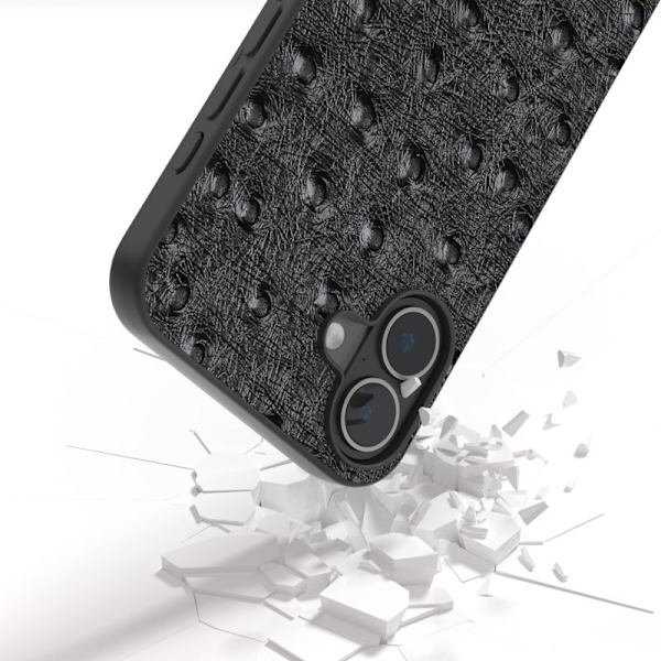 ABEEL Mobilskal till iPhone 16 Plus Ostrich Textur Äkta Läder Svart
