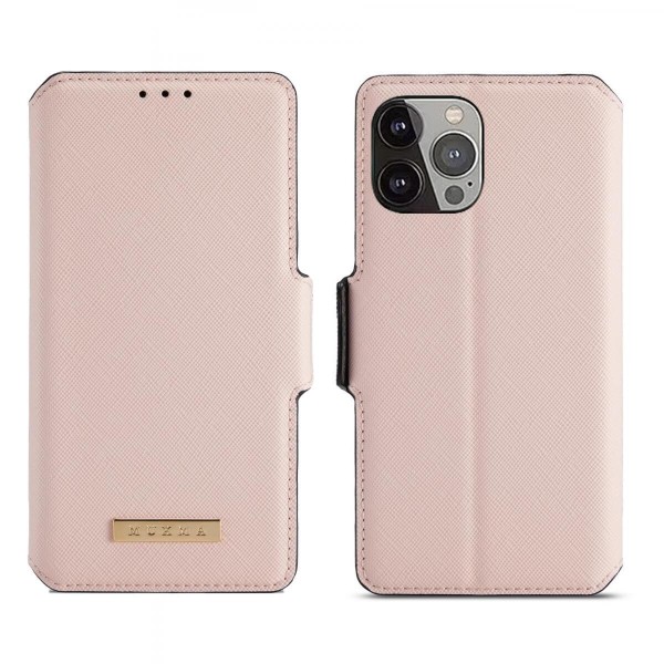 Muxma Saffiano lompakkokotelo iPhone 13 Prolle - vaaleanpunainen Pink
