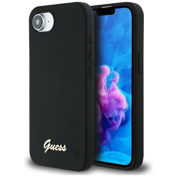 Guess telefontaske til iPhone 16e MagSafe Silicone Script Metal Logo Svart