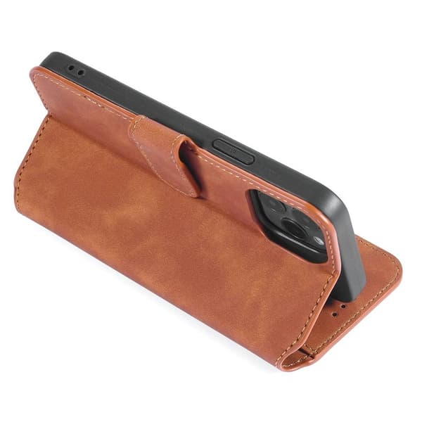 DG.MING iPhone 13 Plånboksfodral i Retro Konstläder med Ställ och Rem - Brun