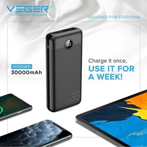 VEGER Powerbank 30000 mAh PD QC 3.0 3A 20W L30 - Svart