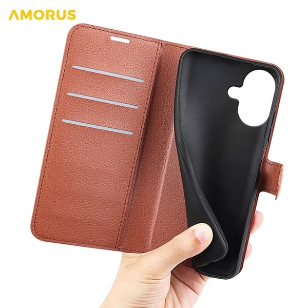 AMORUS iPhone 17 Konstläder Plånboksfodral Flipstativ Litchi - Brun Brun