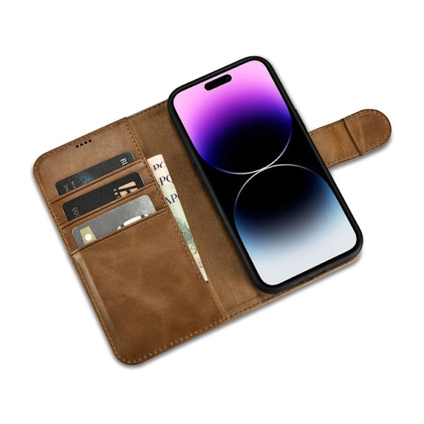 iCarer iPhone 14 Pro Max Plånboksfodral Äkta Läder 2in1 Anti-RFID - Brun