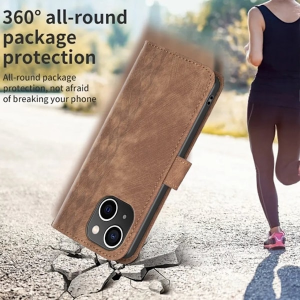 iPhone 15 Plus Plånboksfodral Tryck - Brun