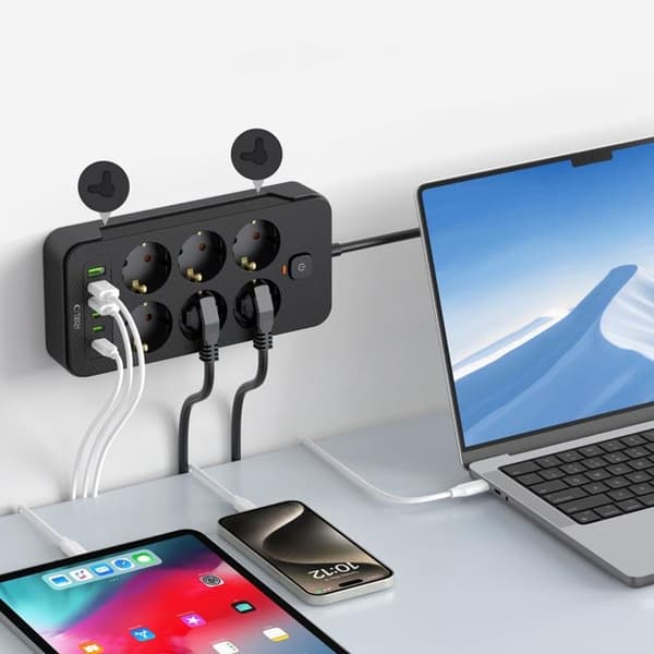 Tech-Protect Strømfordelingsstik 3x USB/3x USB-C/6 Stik 200 cm - Sort Svart