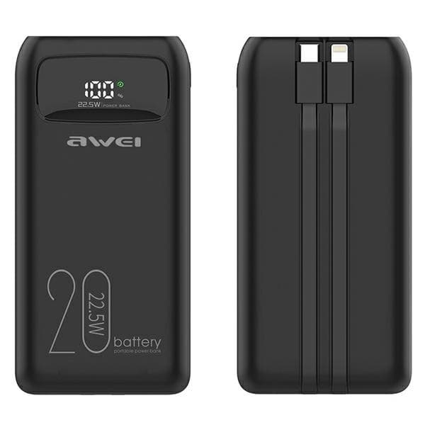 Awei Powerbank 20000mAh 22.5W m/USB-C/Lightning Kabel - Sort Black