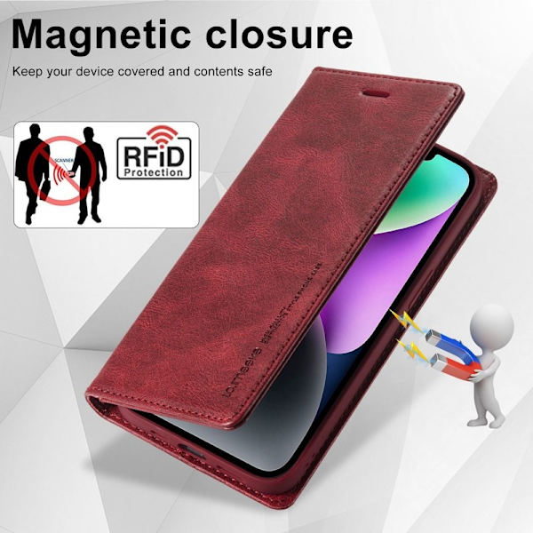LC.IMEEKE iPhone 14 Plånboksfodral RFID Blocking Konstläder - Röd