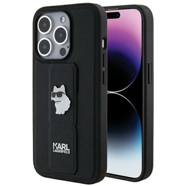 Karl Lagerfeld iPhone 14 Pro Max Mobilskal Gripstand Saffiano Choupette Pins Svart