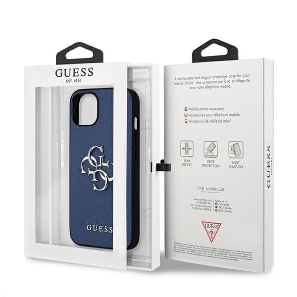 Guess Saffiano 4G Metal Logo -kuori iPhone 13 mini - Sininen Blue