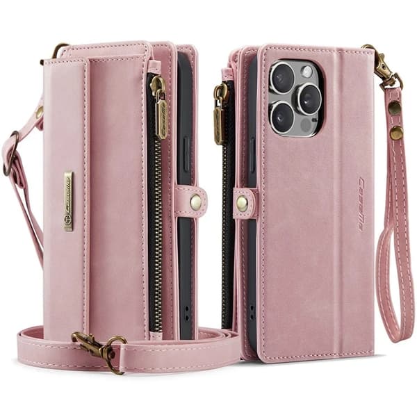 Caseme iPhone 15 Pro Max Konstläder Plånboksfodral RFID-Skydd Zipper - Rosa Rosa