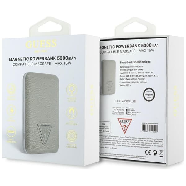 Guess MagSafe Trådlös Power Bank 5000mAh 15W USB-C Grained Triangle Inductive Beige