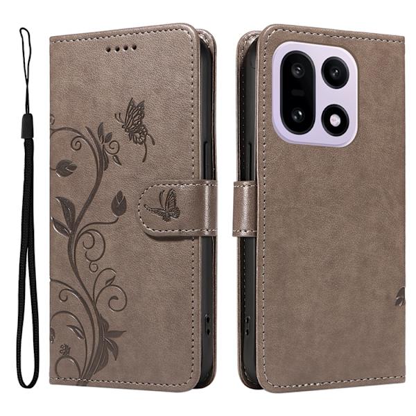 OnePlus 15 5G Plånboksfodral Flower Pattern Konstläder Grå