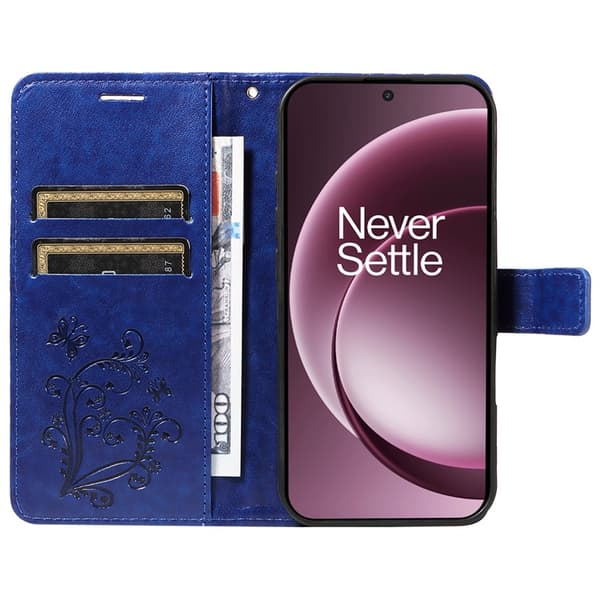 OnePlus 15 5G Konstläder Plånboksfodral Floral Butterfly Imprinted Blå