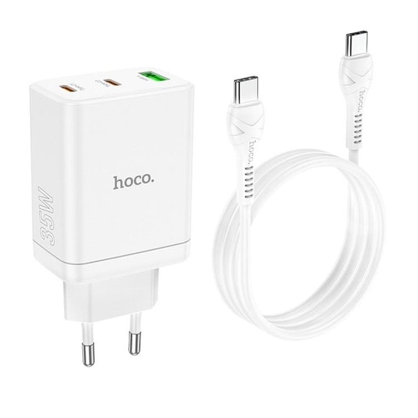 Hoco Väggladdare 35W 2xType C + USB A med Typ-C Kabel 1m - Vit