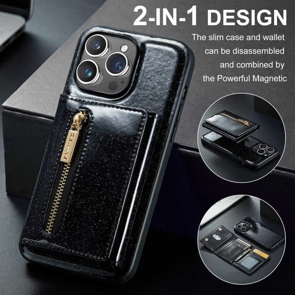 DG.MING M3 Series Mobilskal till iPhone 14 Pro 2-i-1 Glitter KonstLäder Svart