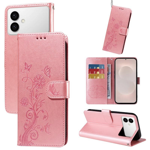 Samsung Galaxy S26 Edge Plånboksfodral Konstläder Blomtryck Ställ - Rosa