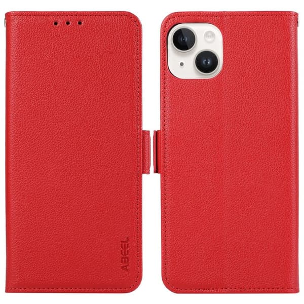 ABEEL iPhone 15 Magnetiskt Plånboksfodral Konstläder Litchi RFID-Skydd Röd