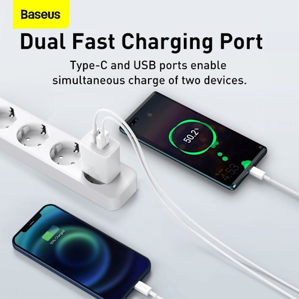 BASEUS - 2-Port netværksoplader 20w - Vit White