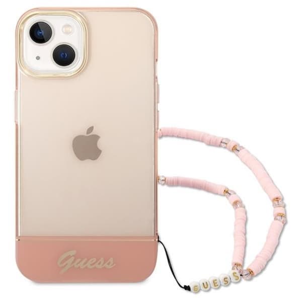 GUESS iPhone 14 Plus Kuori Translucent Pearl Strap - Pinkki Rosa