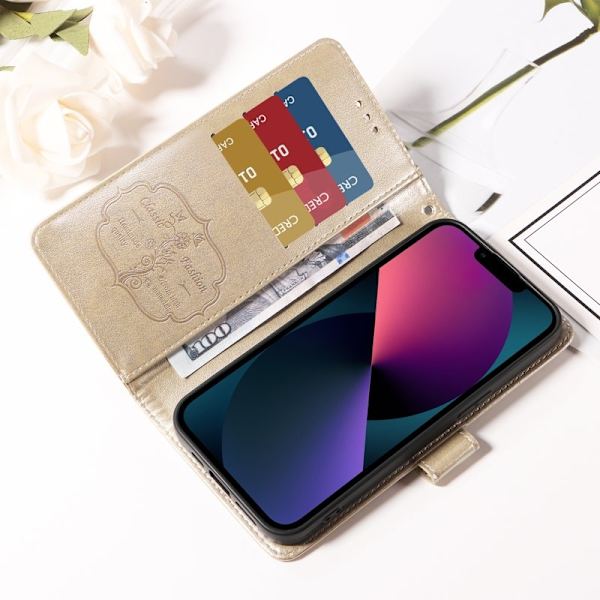 Samsung Galaxy S26 Plus Plånboksfodral Konstläder Blomtryck Ställ - Guld