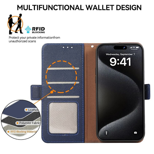 ABEEL iPhone 15 Pro Plånboksfodral RFID-Skydd Litchi Konstläder Blå