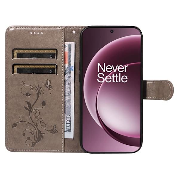 OnePlus 15 5G Plånboksfodral Flower Pattern Konstläder Grå