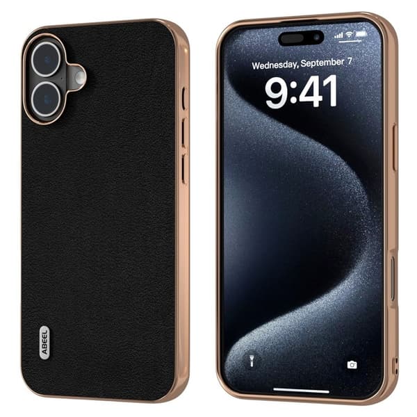 ABEEL Mobilskal till iPhone 16 Plus Electroplating Äkta Läder + PC + TPU - Svart