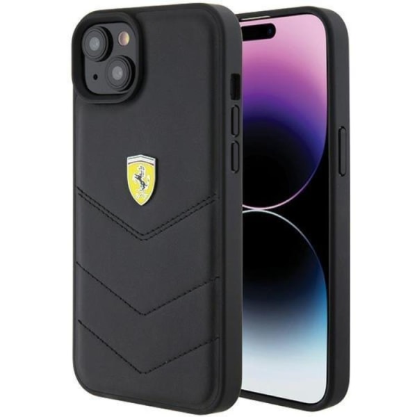 Ferrari iPhone 15 Plus -puhelinkuori, jossa tikkaus ja metallinen logo - Musta