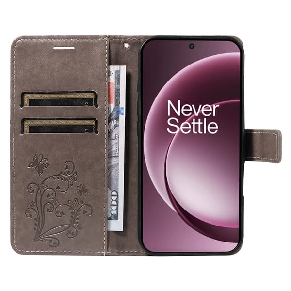 OnePlus 15 5G Konstläder Plånboksfodral Floral Butterfly Imprinted Grå