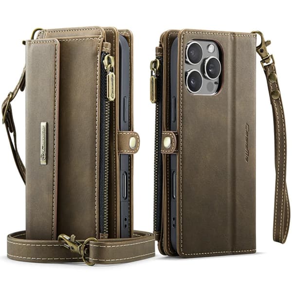 Caseme iPhone 16 Pro Konstläder Plånboksfodral RFID-Skydd Zipper - Brun